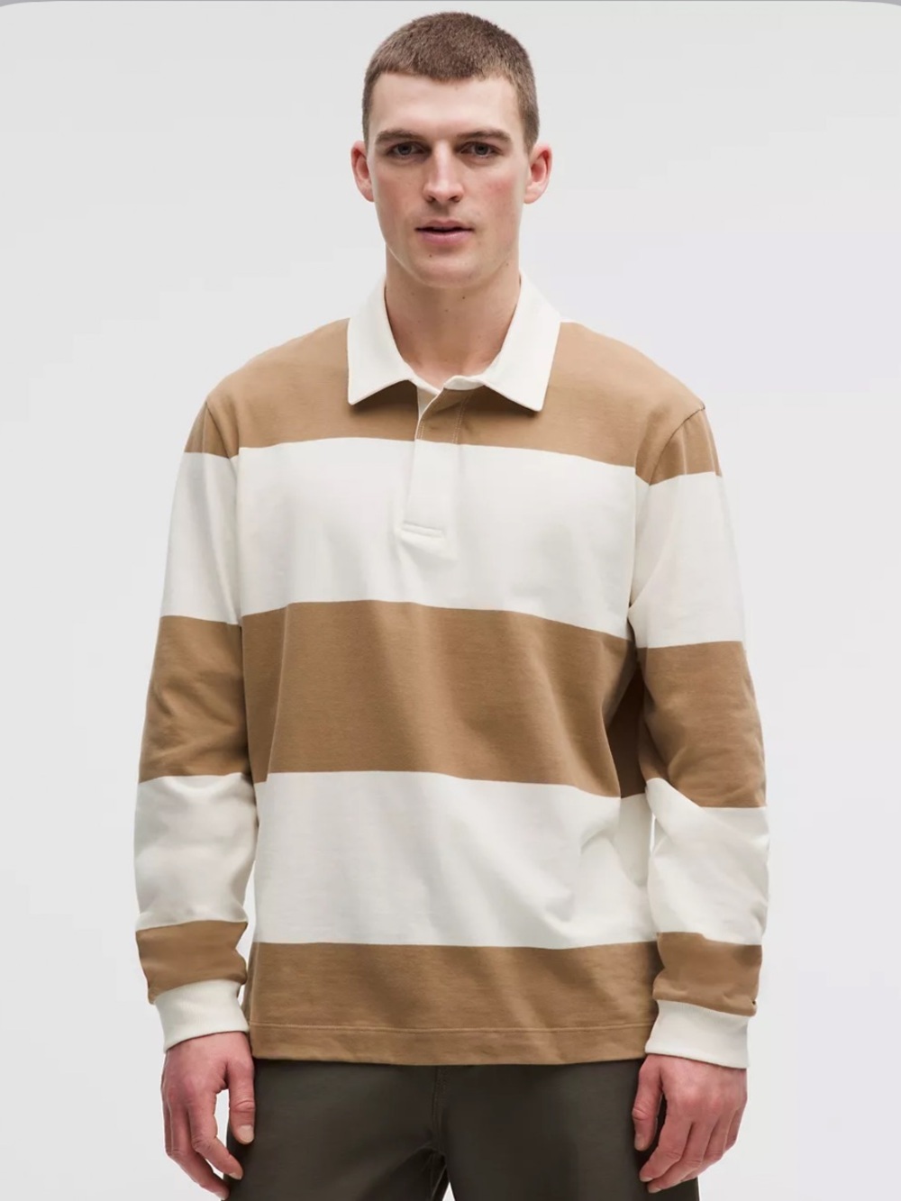 Lululemon Long Sleeve Cotton Rugby Shirt Wide Stripe Camel Brown Coco Ivory  NWT